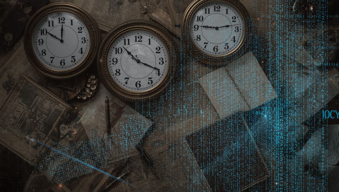 Antique Clocks on Desk with Futuristic Code Overlay