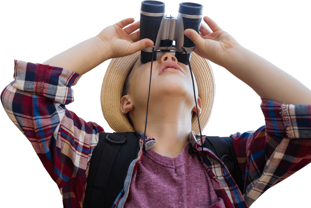 Young Boy Exploring with Binoculars on Large Field Hat Transparent
