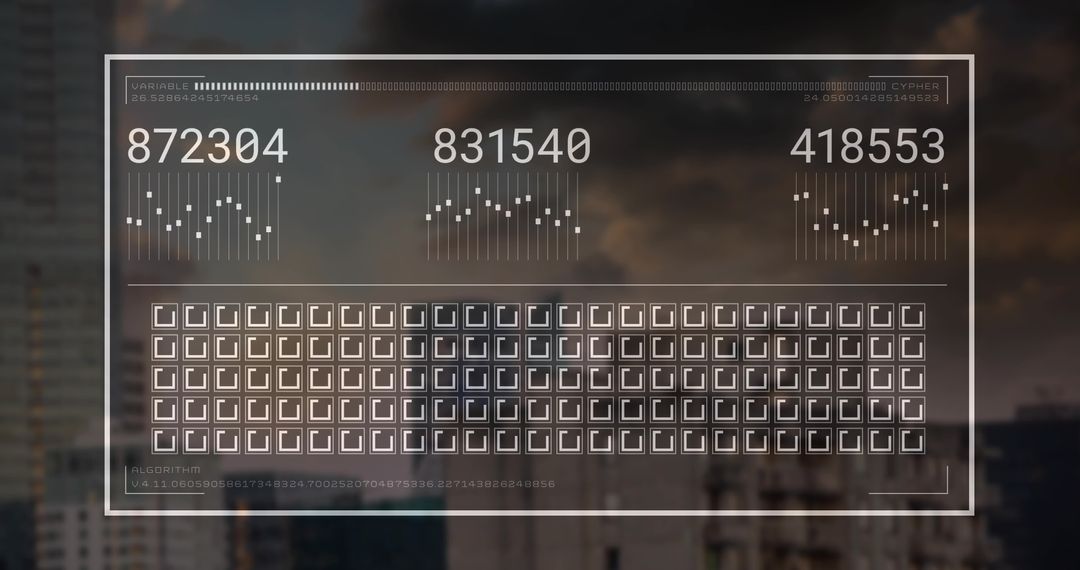 Futuristic Data Display Over Setting Sun Cityscape