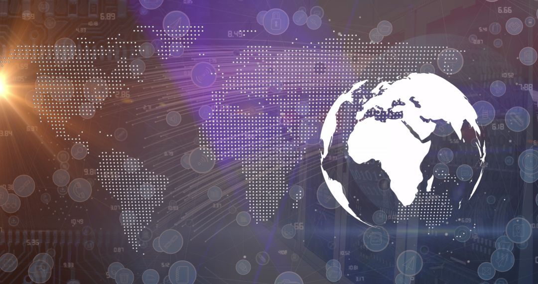 Digital World Map with Glowing Dots and Abstract Tech Background