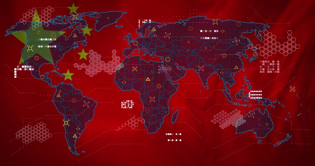 World Map Overlay with Chinese Flag and Network Connections