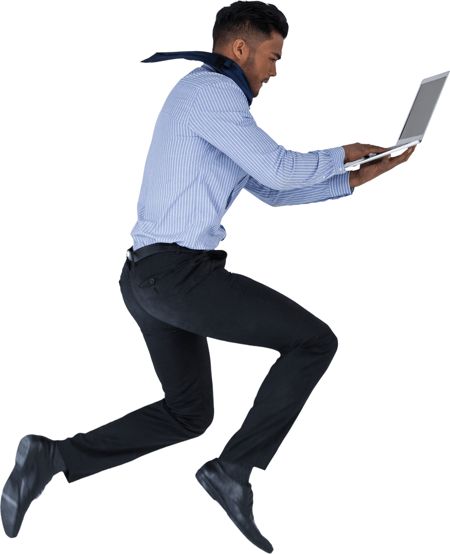 Dynamic Businessman Jumping with Laptop on Transparent Background