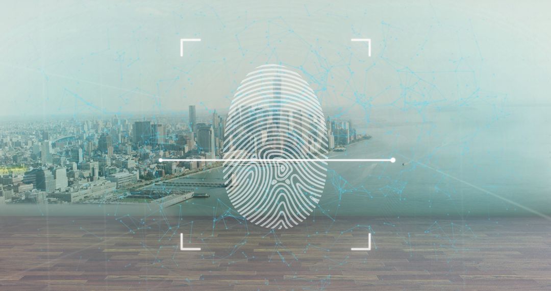 Futuristic Digital Fingerprint Interface Over Cityscape