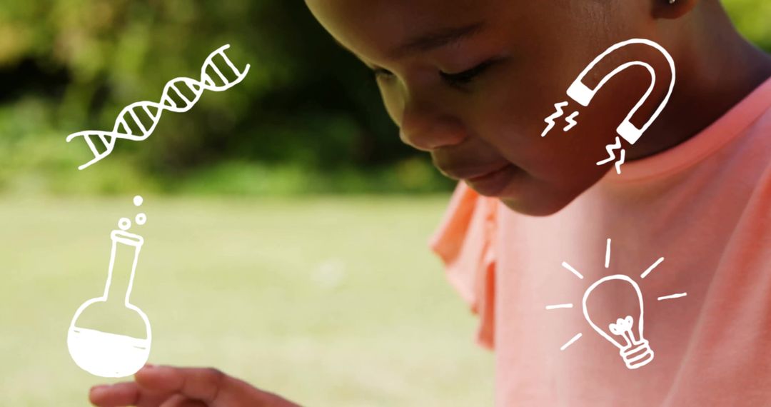 Curious Schoolgirl Exploring Technology with Digital Icons