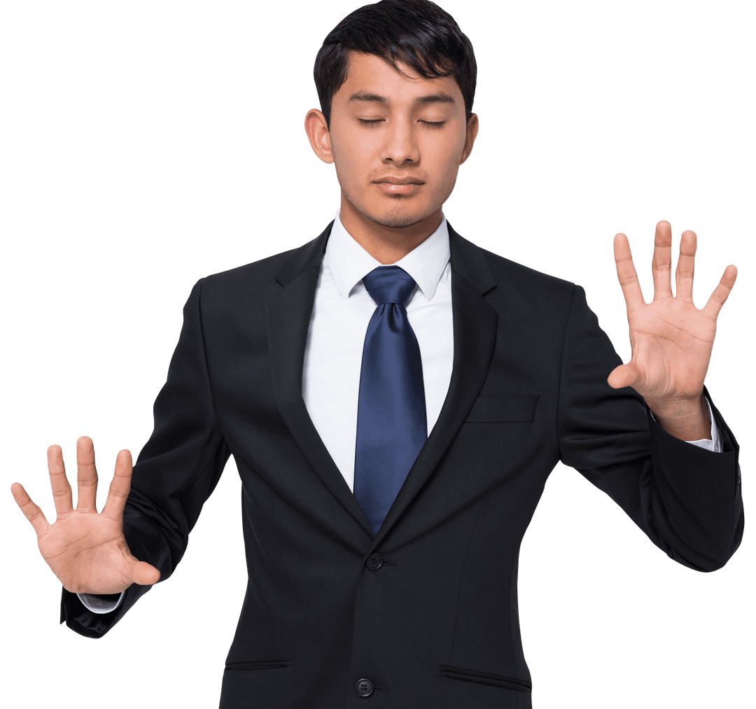 Focused Businessman Touching Virtual Transparent Screen in Suit