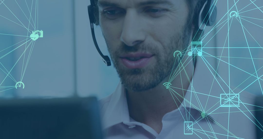 Businessman with Headset Surrounded by Digital Network
