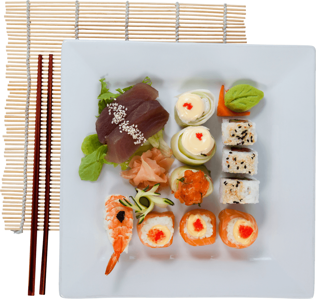 Transparent Sushi Platter with Chopsticks on Bamboo Mat