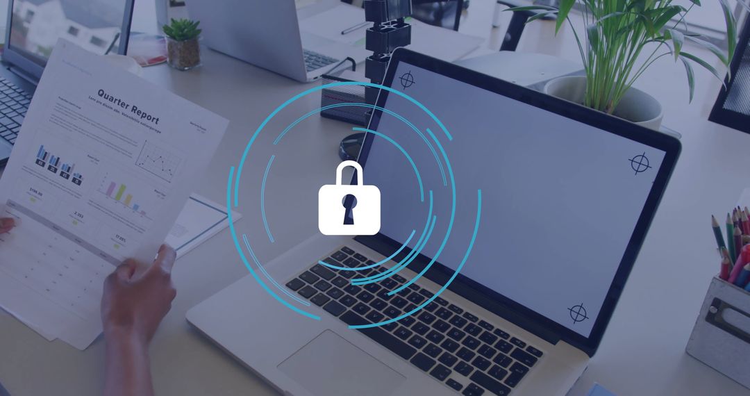 Cybersecurity in Office: Laptop with Padlock Symbol on Desk