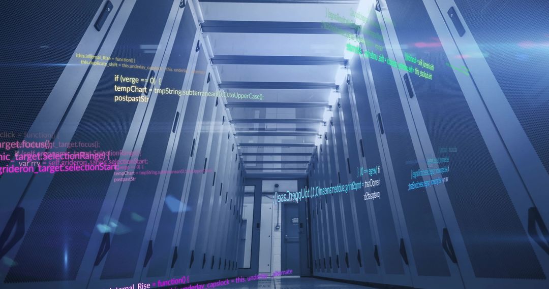 Futuristic Code Overlay on Data Center Servers Background