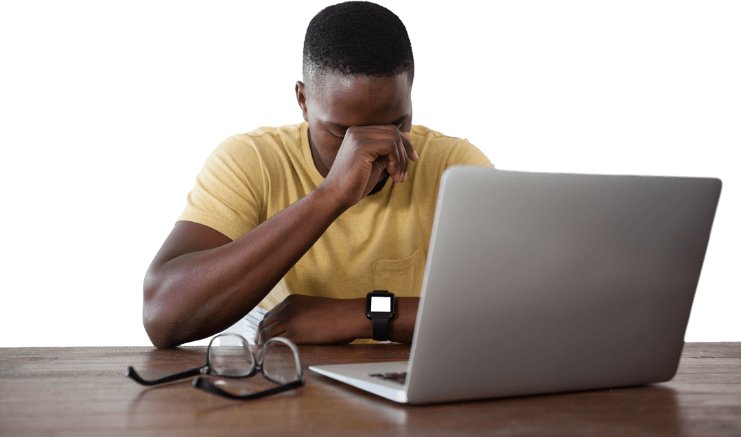 Transparent Background, Upset Man with Laptop at Table