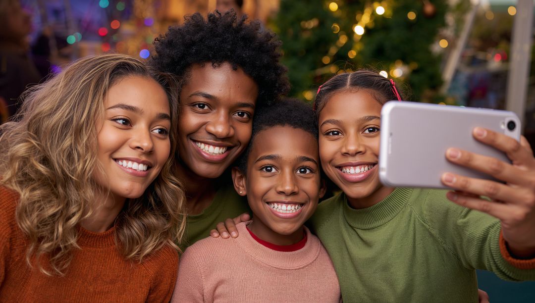 Joyful Mixed-Race Family Taking Christmas Selfie by Festive Tree