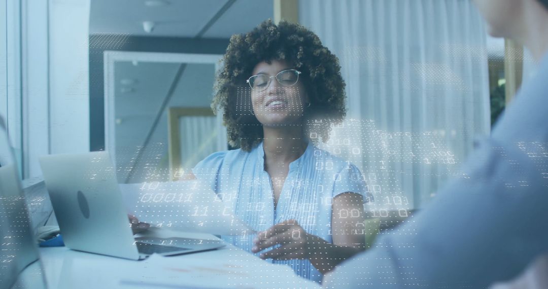 Business Professional Discussing with Digital Technology Overlay