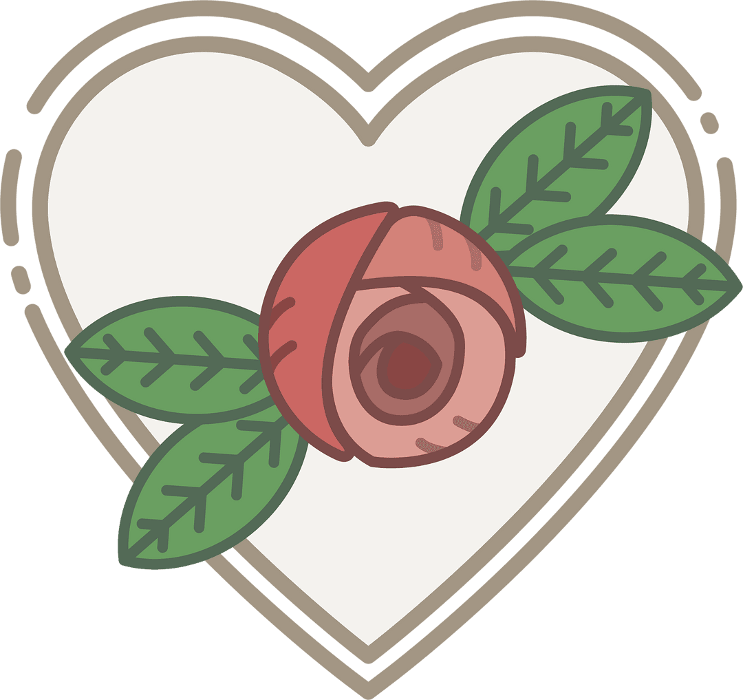 Heart with Rose and Leaves Vector Illustration on Transparent Background