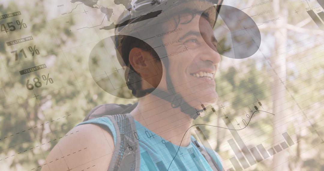 Mature Cyclist Analyzing Trail with Financial Data Overlay