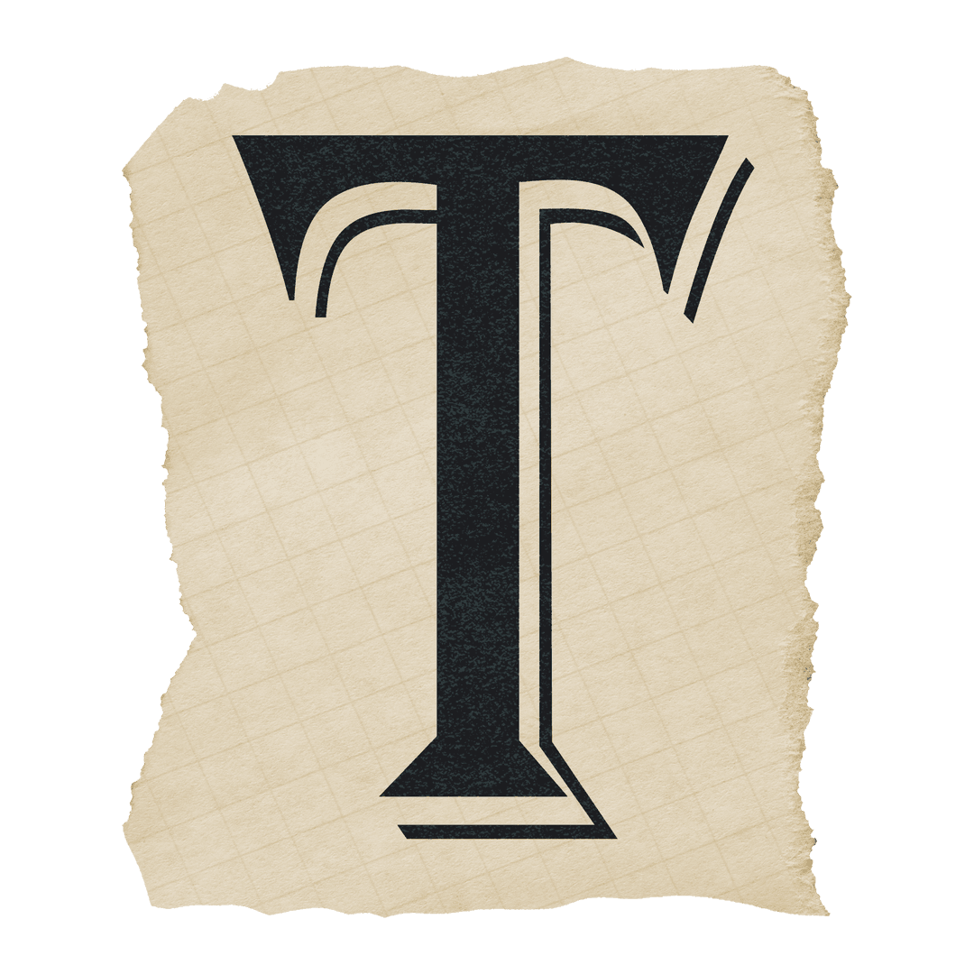 Elegant Letter T on Torn Beige Grid Paper with Transparent Background