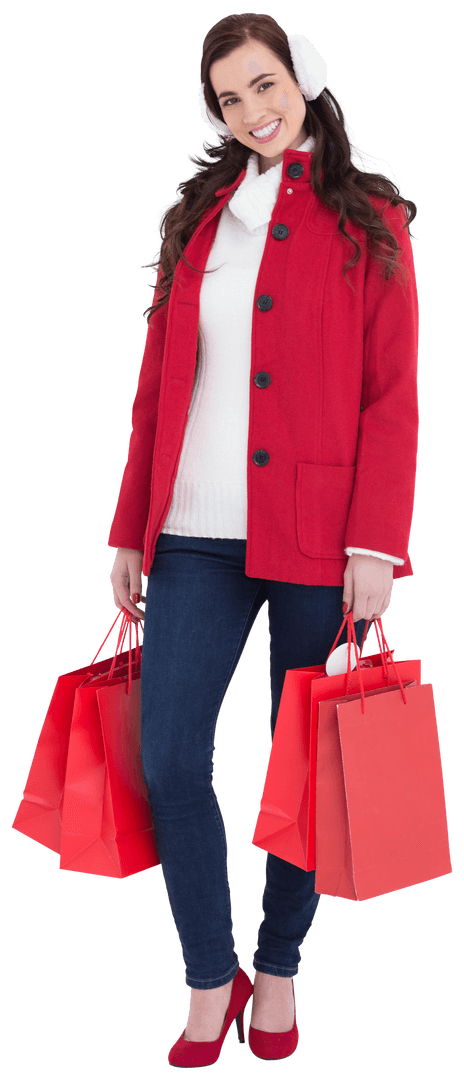 Cheerful Woman in Red Winter Coat Holding Shopping Bags Transparent - Download Free Stock Images Pikwizard.com