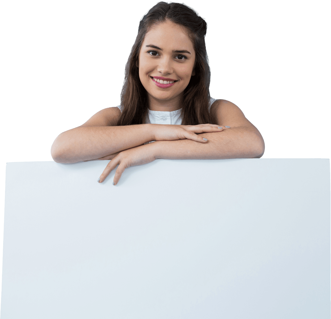 Smiling Caucasian Woman with Blank White Sign on Transparent Background