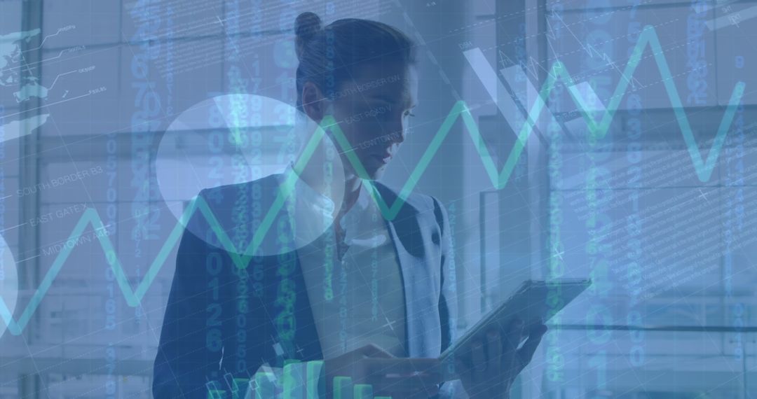 Caucasian Businesswoman Analyzing Financial Data on Tablet