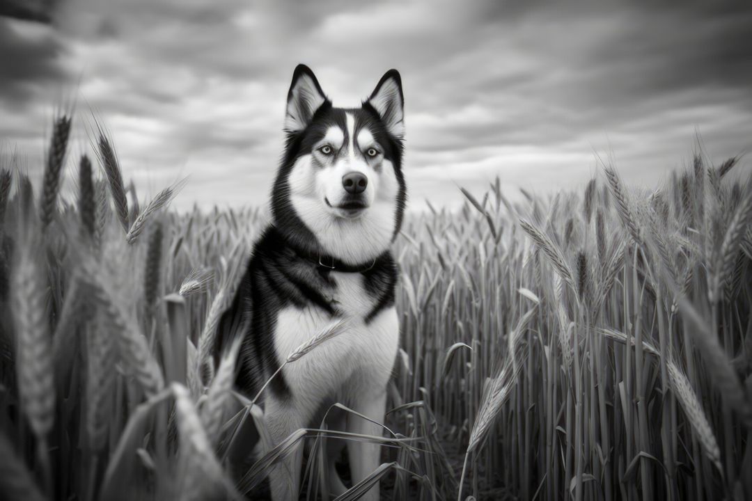 Portrait of siberian husky in field in black and white, created using generative ai technology - Free Images, Stock Photos and Pictures on Pikwizard.com