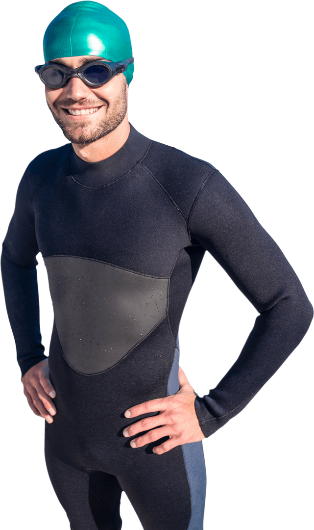 Happy Swimmer in Wetsuit and Goggles on Transparent Background