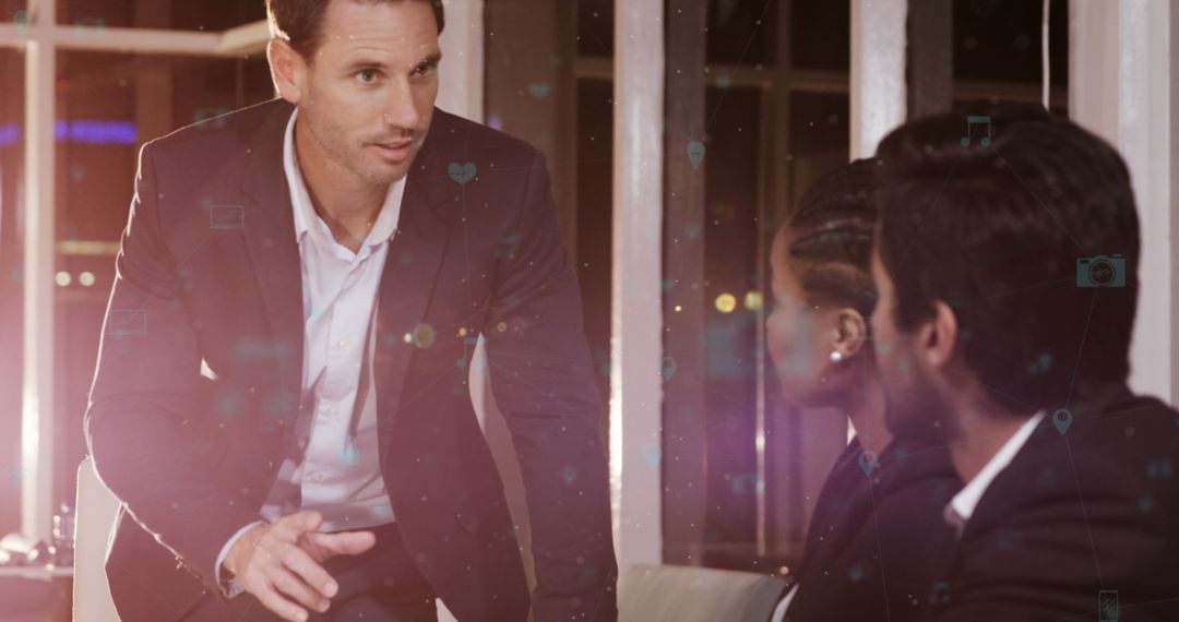 Business Team Discussing Strategy with Digital Overlay