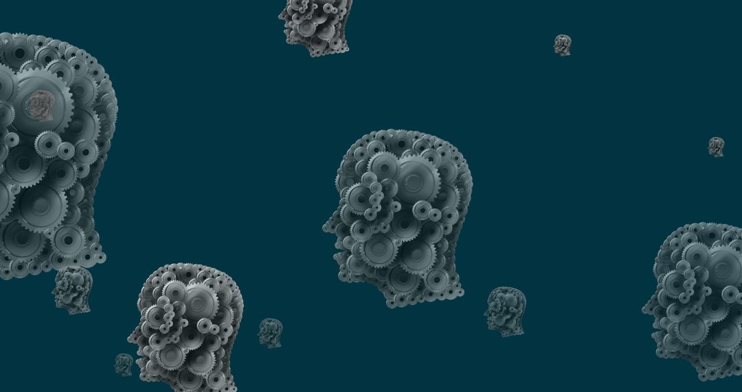 Human Heads Composed of Intricate Cogs on Flowing Blue Motion