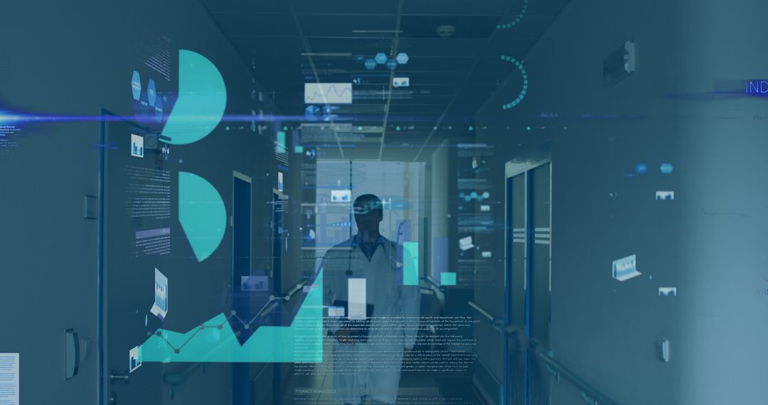Healthcare Professional Walking Through Modern, Digital Corridor with Data Visualization