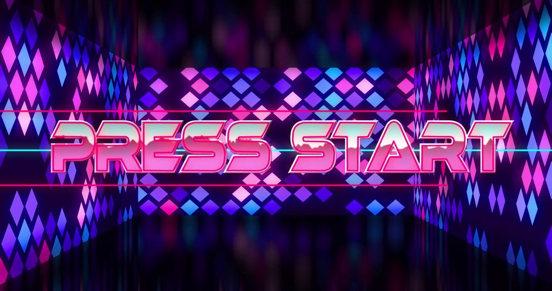 Retro Stylistic Press Start Graphic with Neon Geometric Shapes