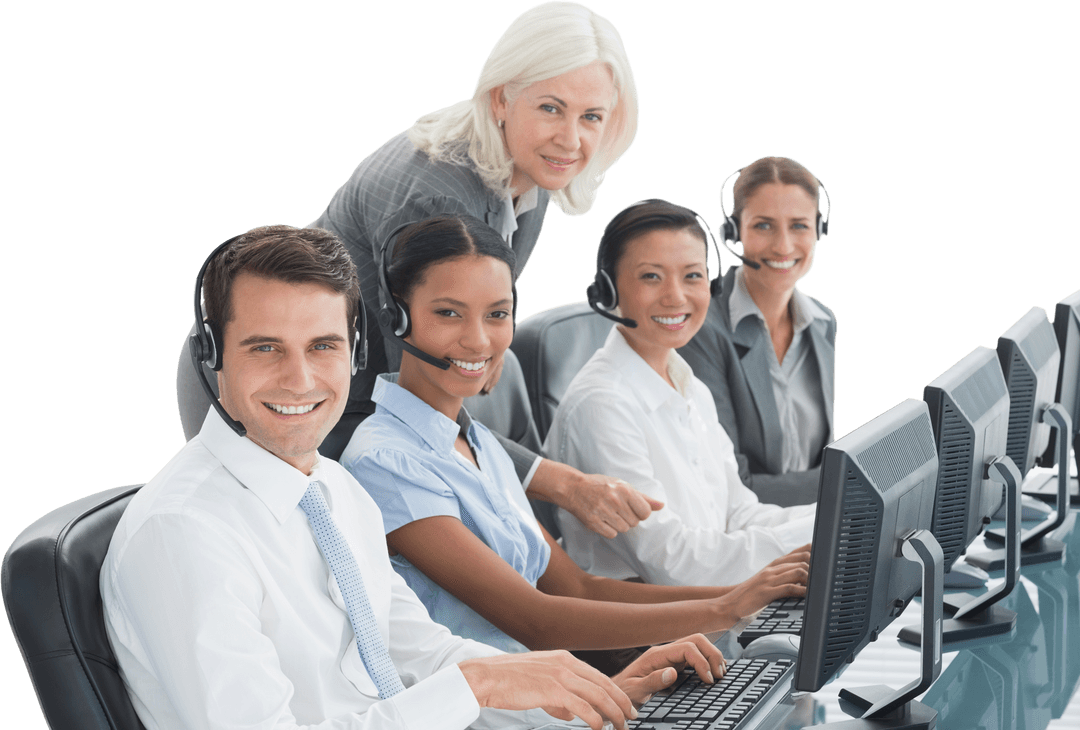 Transparent Team of Mixed-Ethnicity Call Center Representatives Displaying Unity