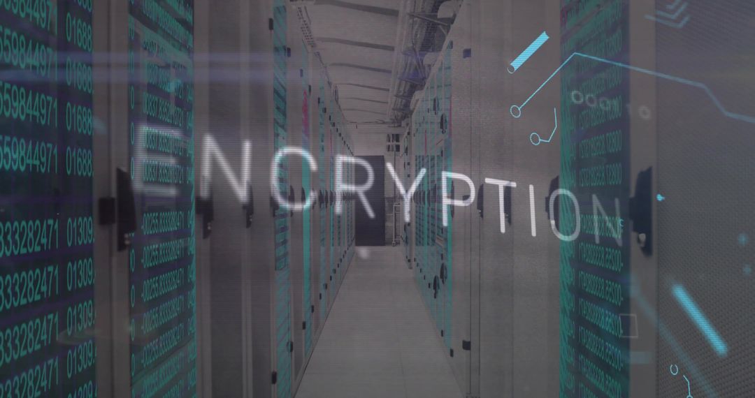 Futuristic Data Center Corridor with Encryption Concept Overlay