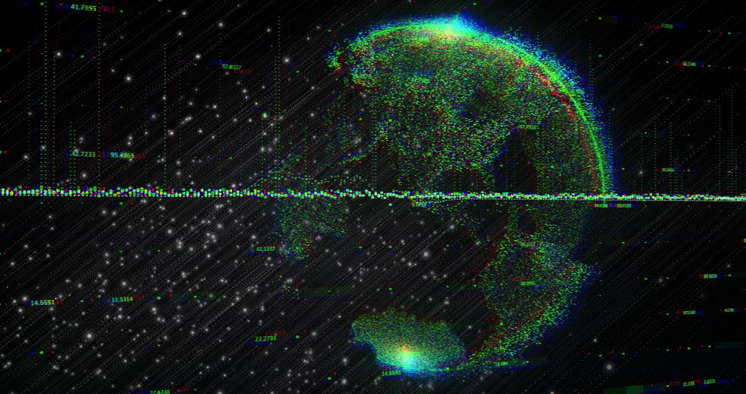 Spinning Neon Glitch Earth Data Globe with Horizontal Scanline, Cosmic Noise and Waveform