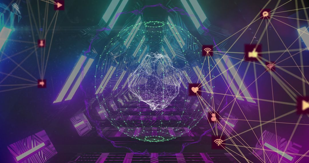 Digital Network Connections in Futuristic Glowing Tunnel