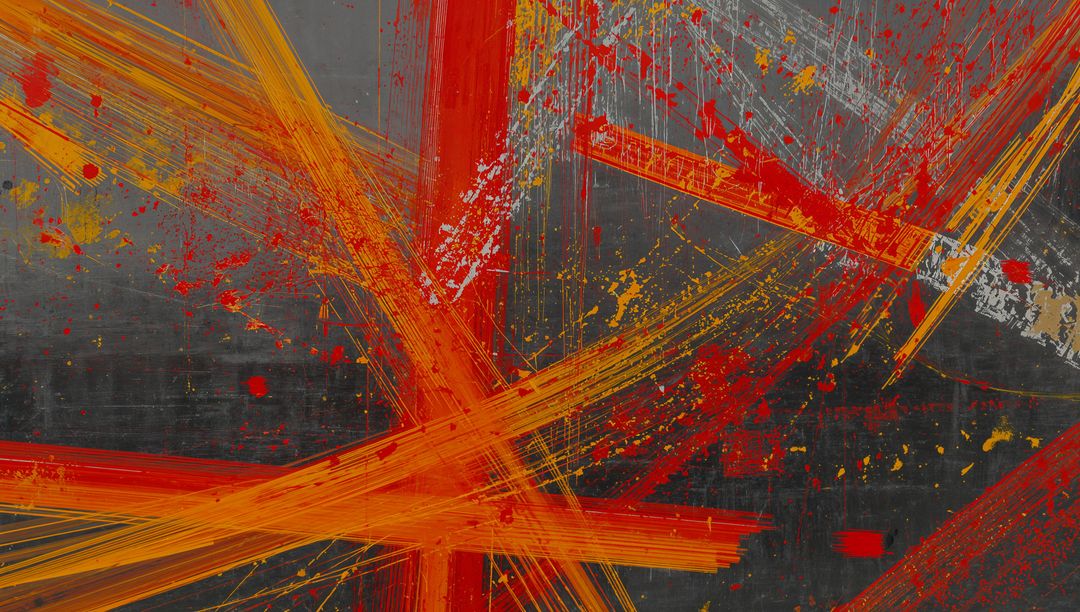 Dynamic X-Shaped Orange-Red Brushstrokes on Charcoal Panel with Gold Splatters, Textured