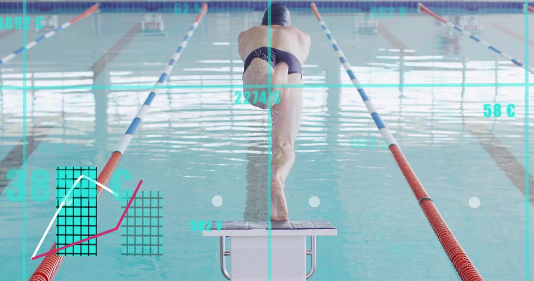 Competitive swimmer diving from starting block with HUD telemetry and lane ropes