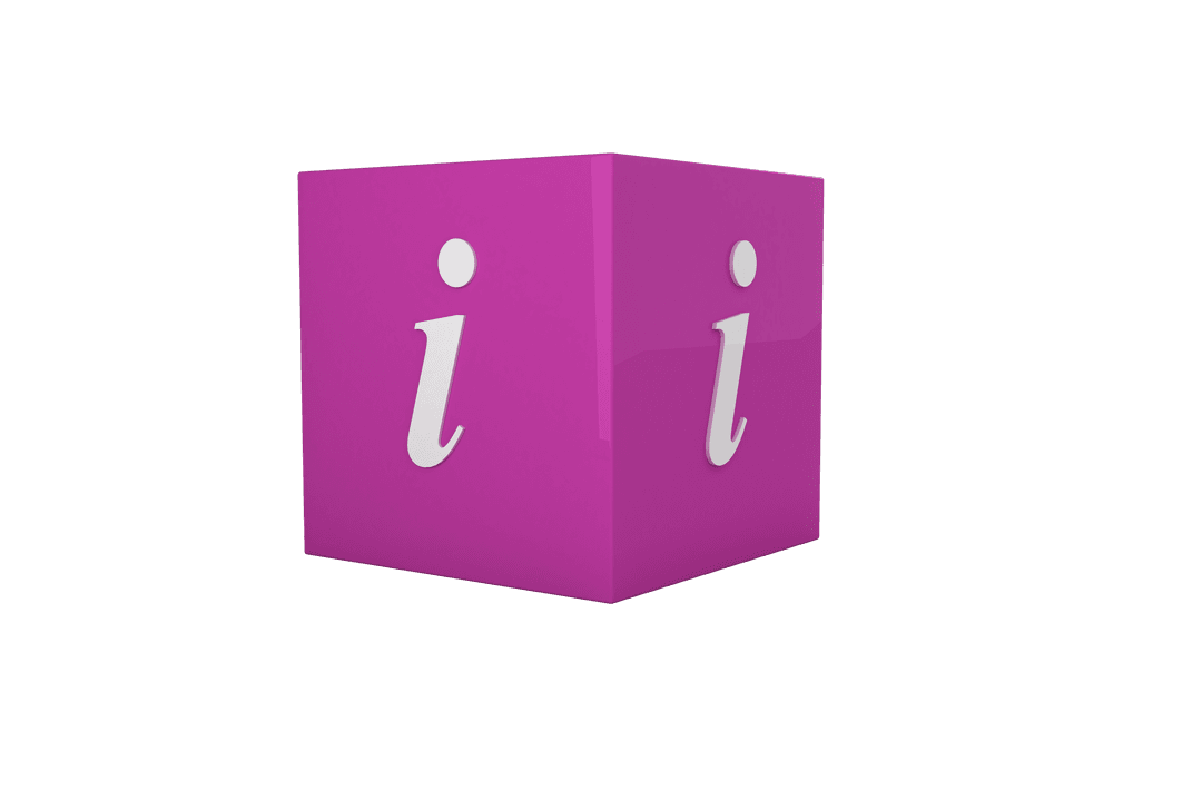 Transparent 3D Purple Block with White Information Icons