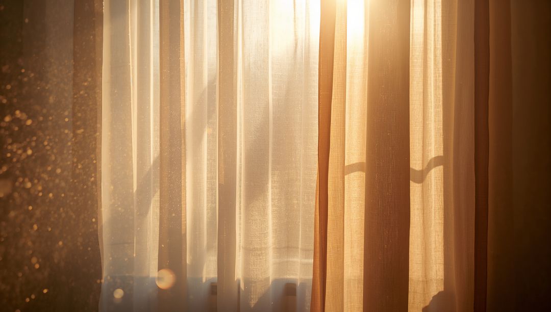 Backlit Sheer Curtains Casting Warm Golden Sunbeams with Dust Motes and Textured Drapery