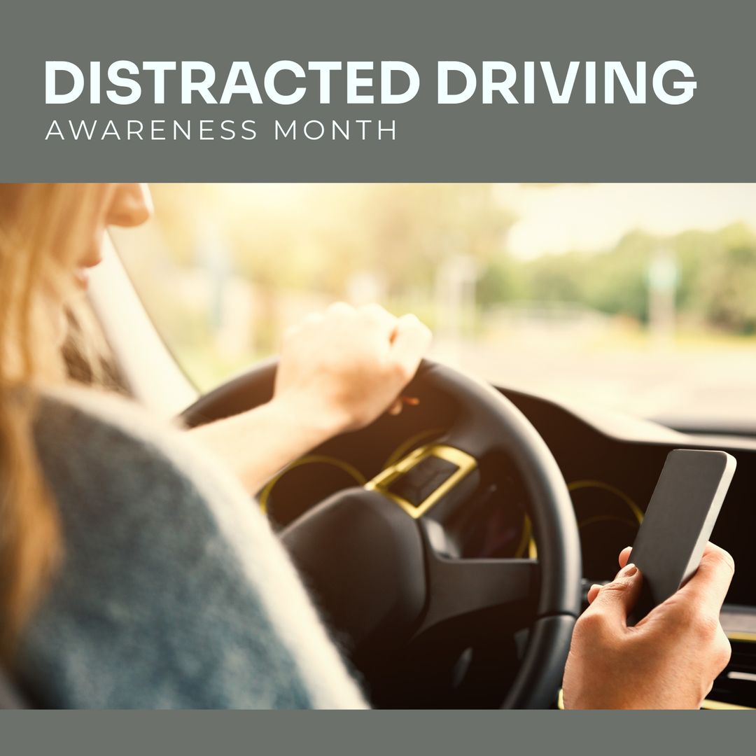 Distracted Driving Awareness Poster with Close-Up of Driver Using Phone