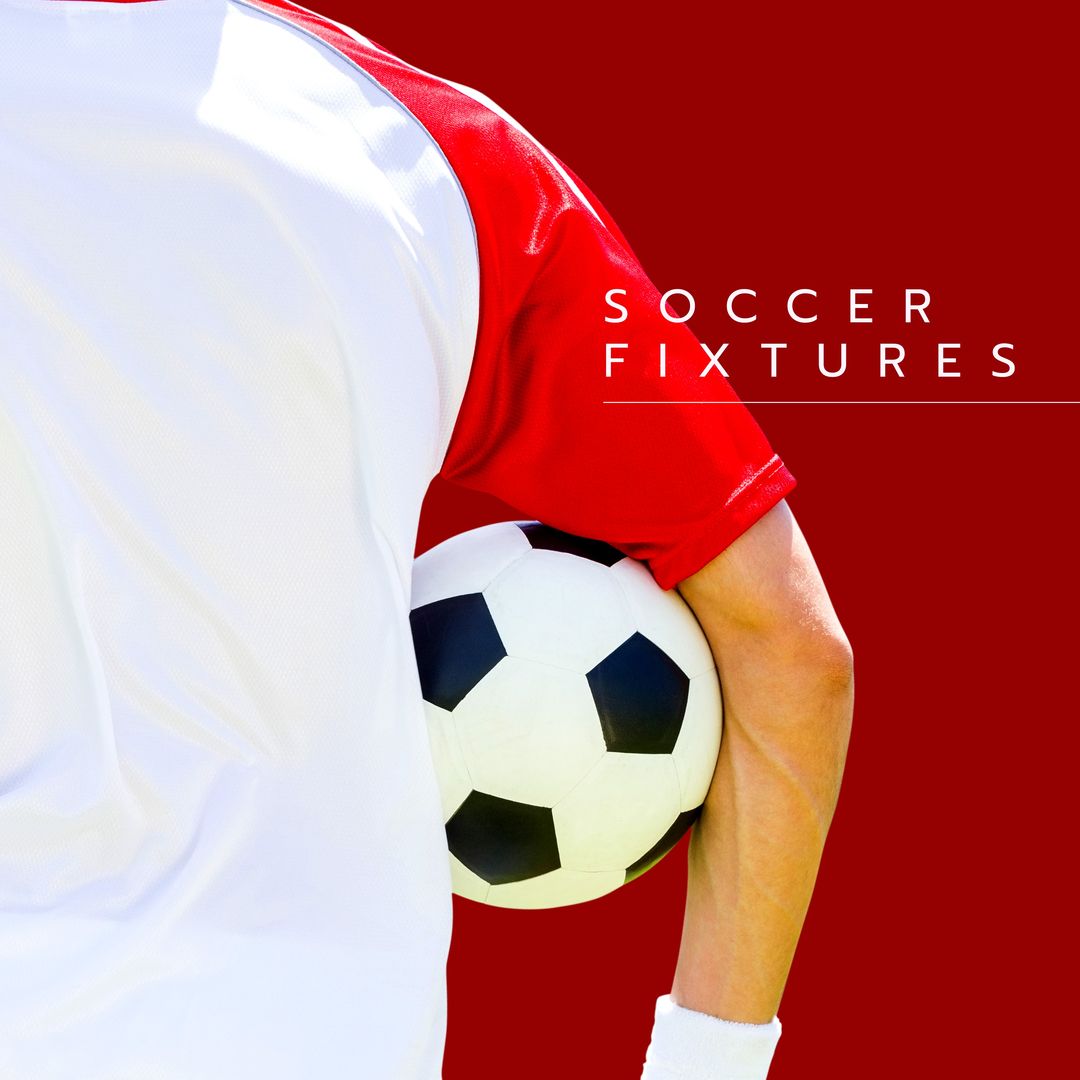 Composition of soccer fixtures text over caucasian male football player with ball on red background - Download Free Stock Templates Pikwizard.com