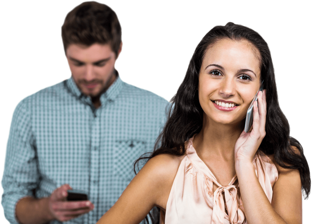 Smiling Woman Holding Smartphone with Boyfriend in Background on Transparent Background