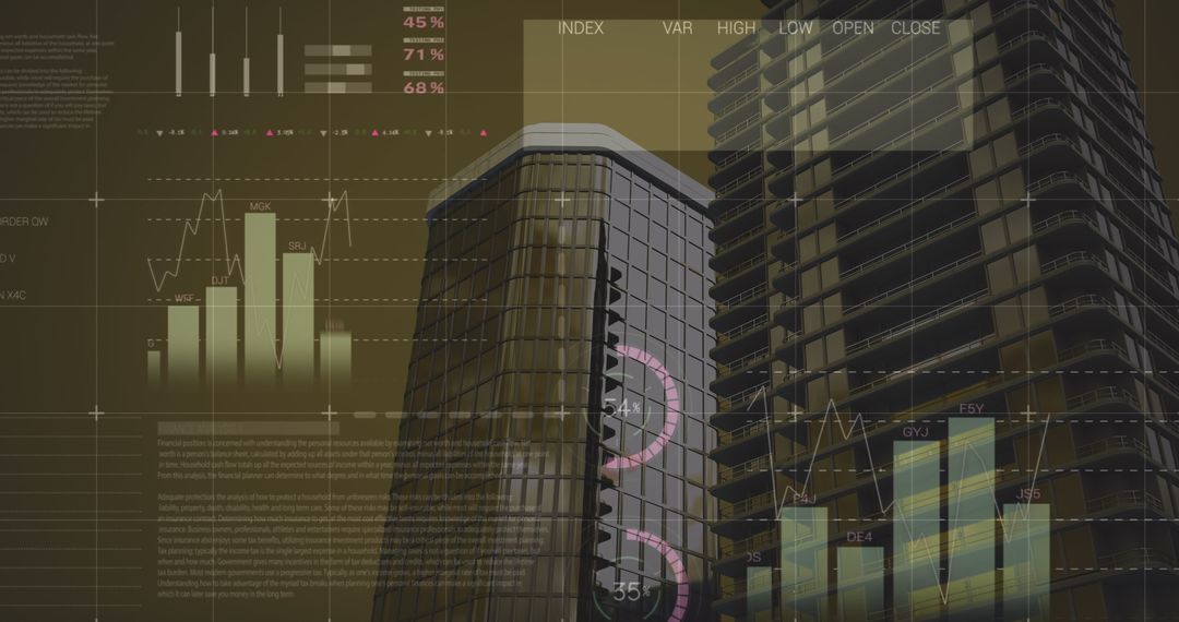 Abstract Financial Data Overlaid on Urban Skyscrapers
