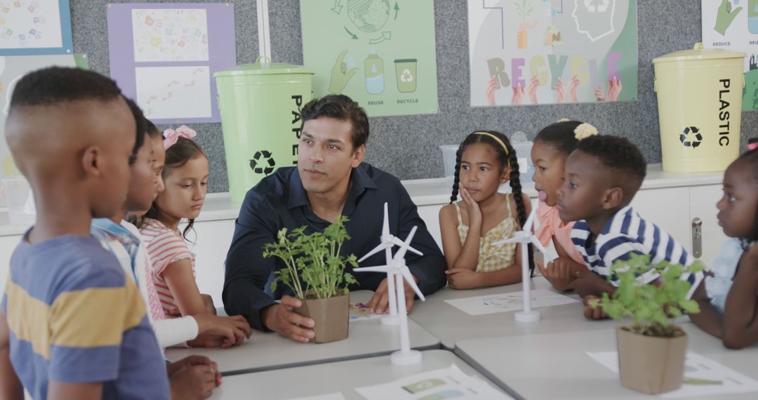 Teacher Demonstrating Plant and Wind Turbines to Diverse Group of Children in Classroom - Free Images, Stock Photos and Pictures on Pikwizard.com