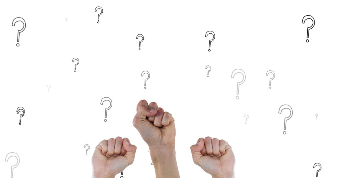 Hands in Fist Pose with Overlaying Question Marks Symbolizing Inquiry