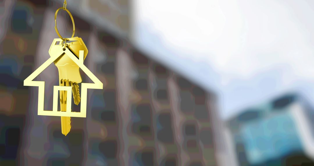 Golden house key with city background