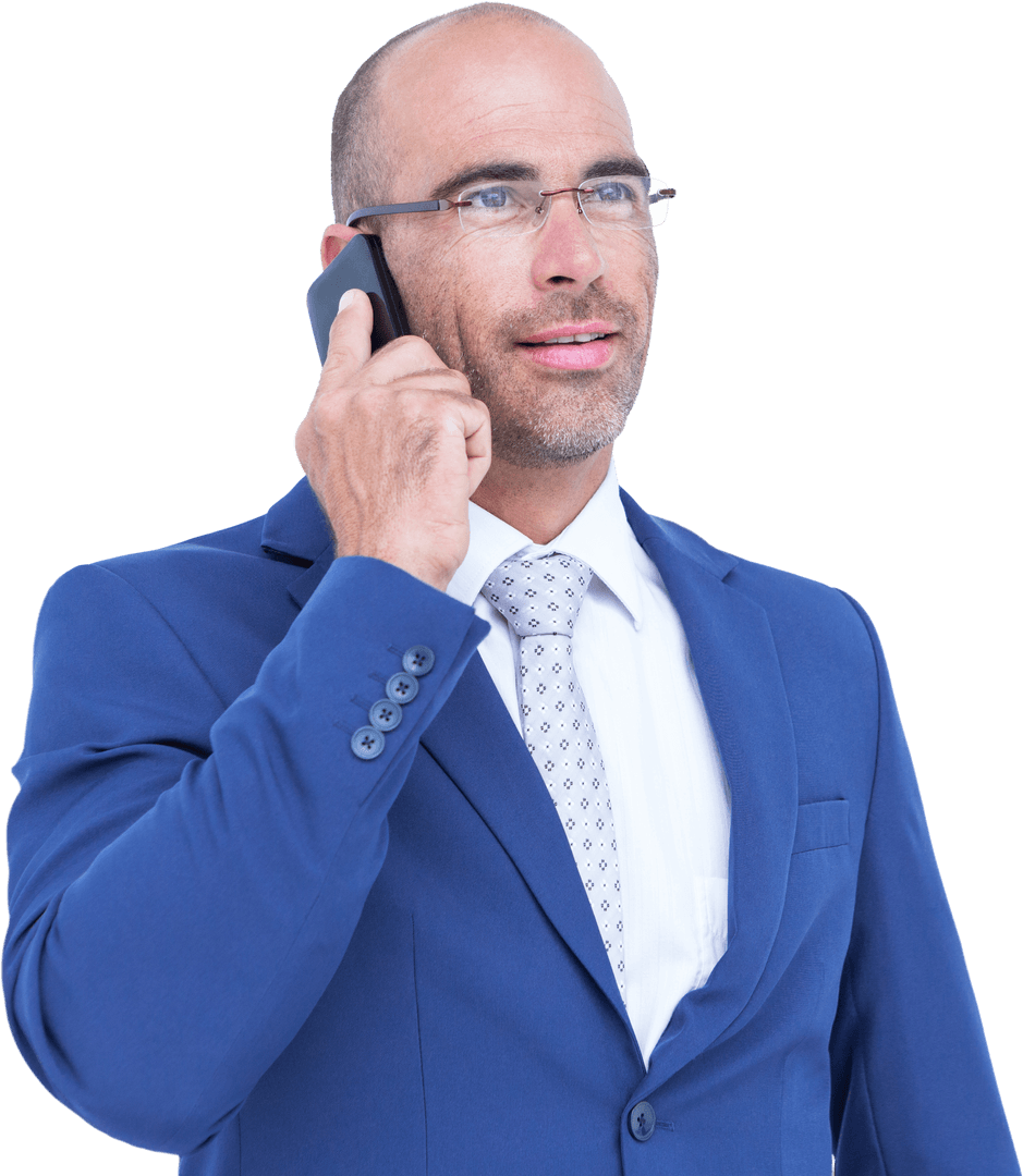 Transparent Businessman Engaged in Phone Conversation Smiling
