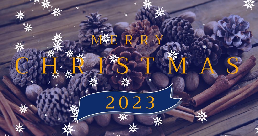 Festive Merry Christmas Greeting with Pine Cones and Snowflakes