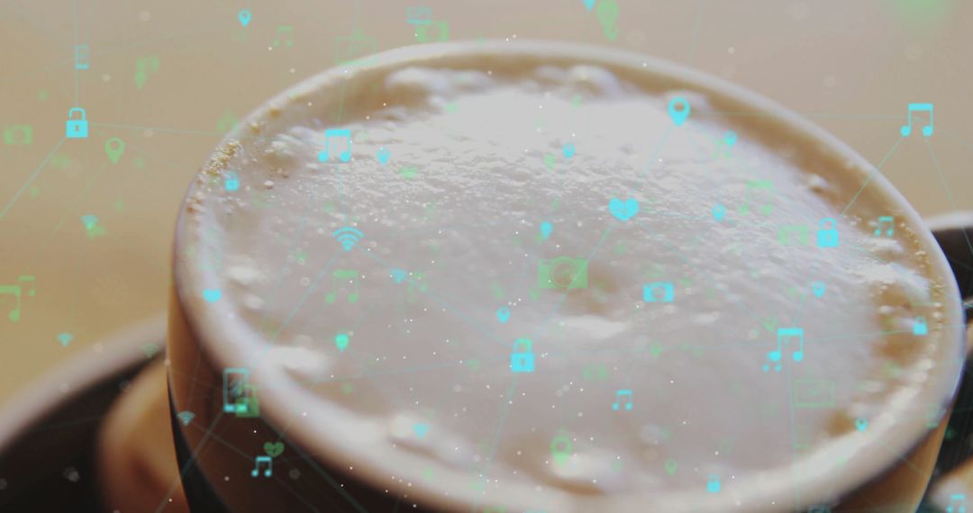 Frothy Coffee Mug with Digital Icons Signifying Modern Connectivity
