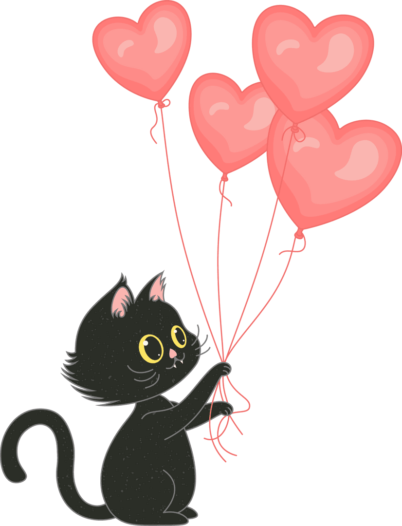 Whimsical Black Cat Holding Pink Heart Balloons on Transparent Background