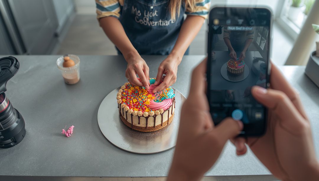 Pastry Chef Decorating Colorful Cake with Smartphone Shot