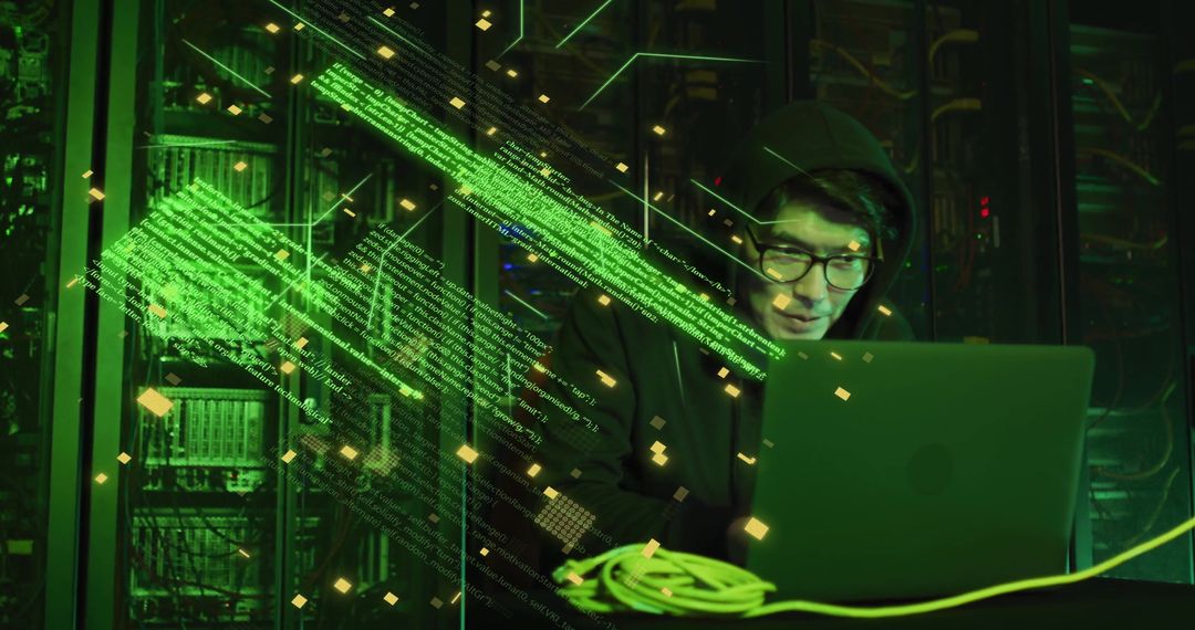 Futuristic IT Engineer Analyzing Data in Server Room