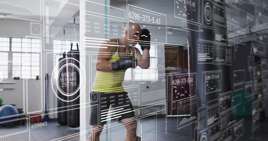 Athlete Boxing Training with Futuristic Digital Interface in Gym
